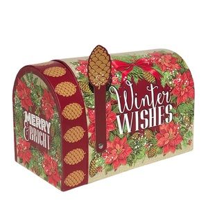 Poinsettia Holiday Mailbox Decorative Gift Box with Flag